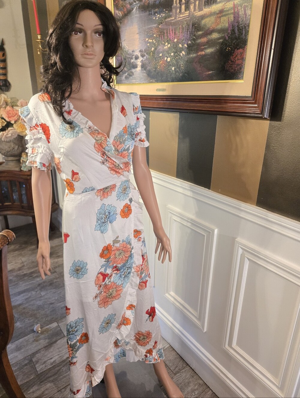 White Floral Midi Wrap Dress with Blue & Orange Blooms